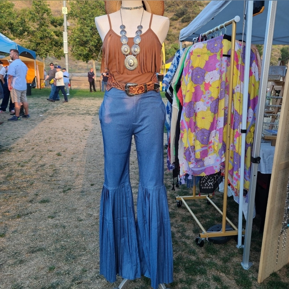 Boho Fringe Brown Top and Blue Flared Pants Set